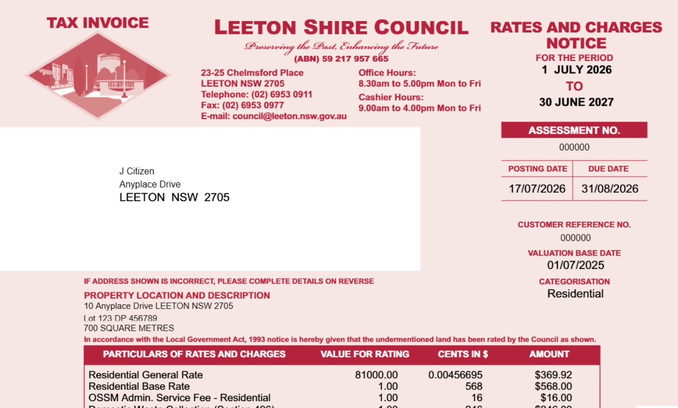 Top section of a sample Leeton Shire Council rates notice. Highlight 1 marks the Categorisation box on the right-hand side where the rating category is shown; highlight 2 marks the Value for rating column on the first line of the Particulars of Rates and Charges table.